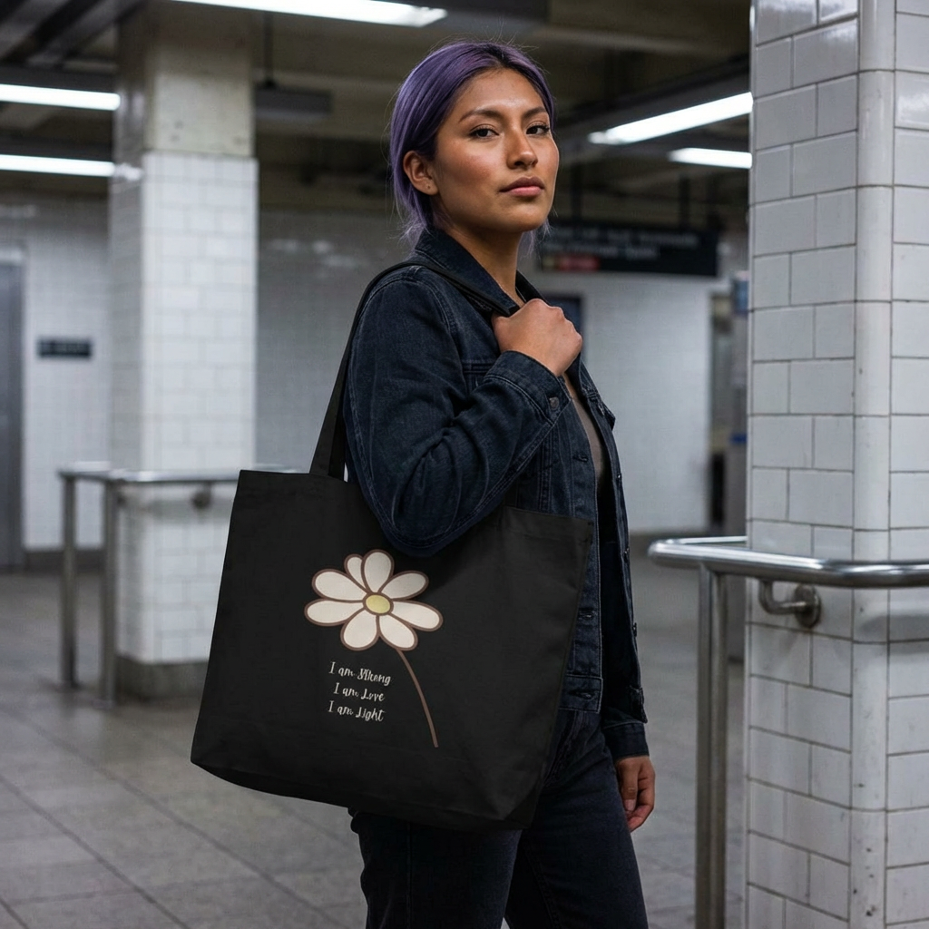 Daisy Floral Eco Tote — “I am Strong, I am Love, I am Light” Reusable Beach & Market Bag