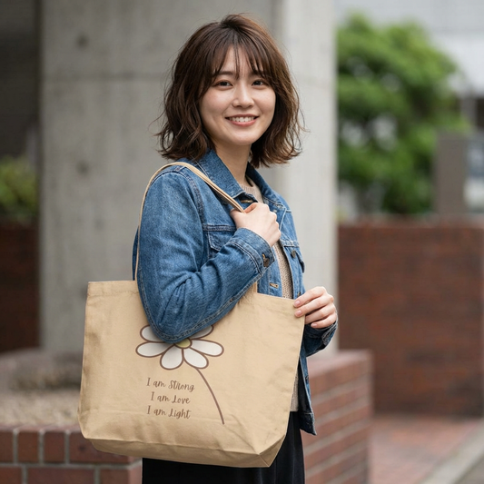 Daisy Floral Eco Tote — “I am Strong, I am Love, I am Light” Reusable Beach & Market Bag