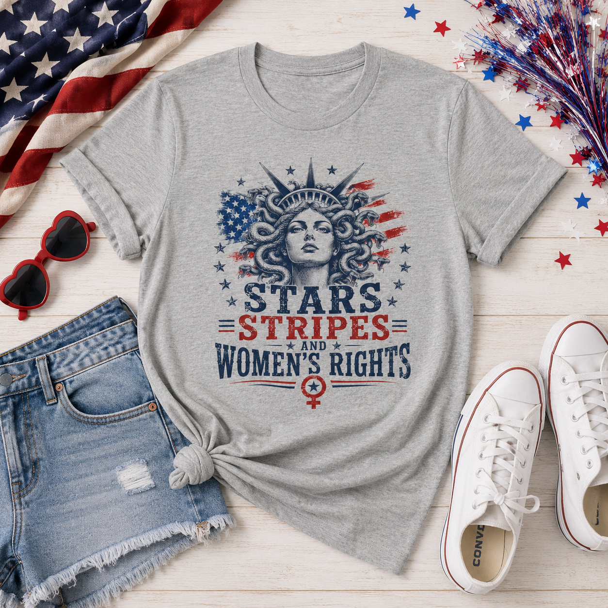 Stars Stripes and Women's Rights T-Shirt | Statue of Liberty Feminist Tee