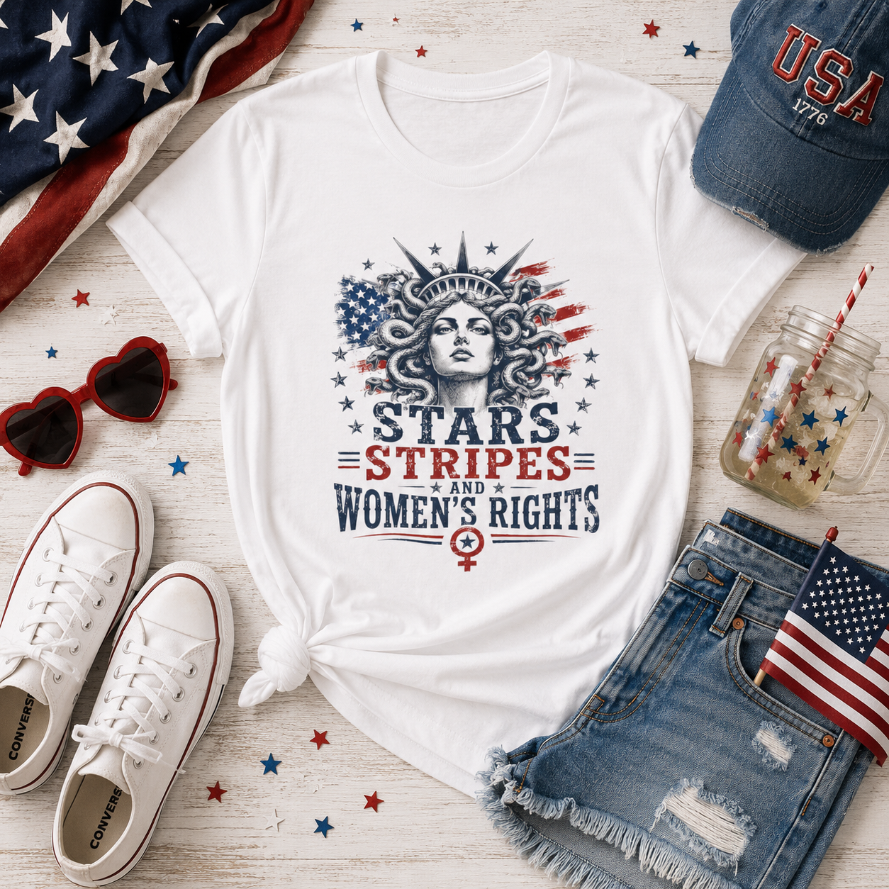Stars Stripes and Women's Rights T-Shirt | Statue of Liberty Feminist Tee
