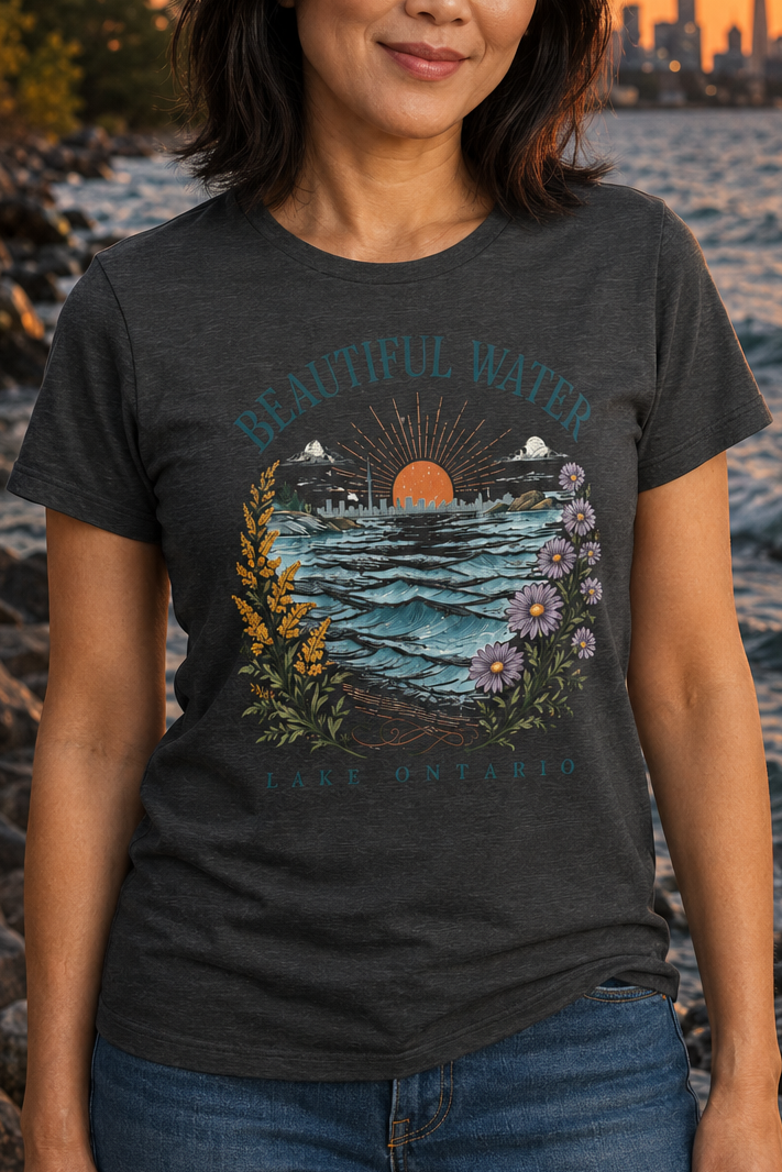 Beautiful Water Lake Ontario T-Shirt — Coastal Sunset Floral Tee