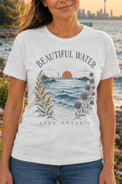 Beautiful Water Lake Ontario T-Shirt — Coastal Sunset Floral Tee
